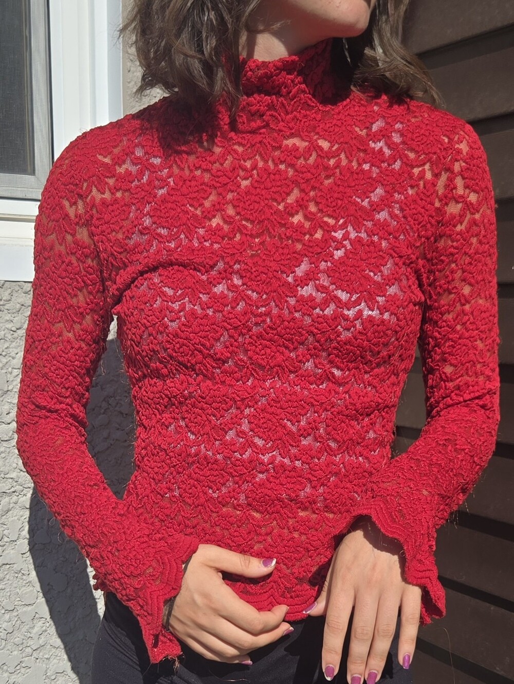Women's Vintage 1990s Forenza Red Lace Floral Bell Sleeve Mock-Neck Blouse Small